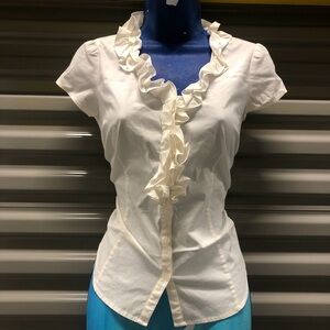 LOFT white ruffle blouse with short sleeves and button front